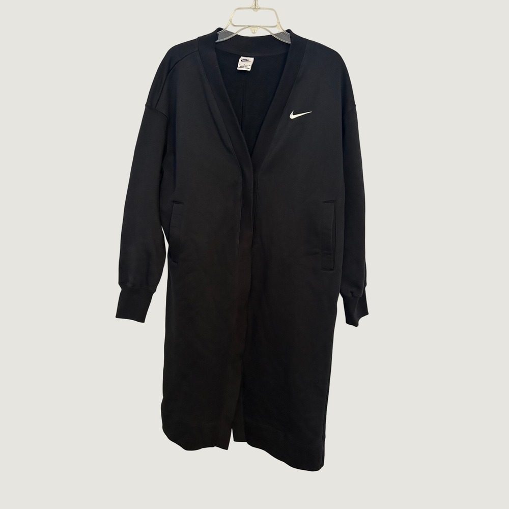 Nike Fleece Cardigan Women Large Black Excellent Longline Snap Front Swoosh